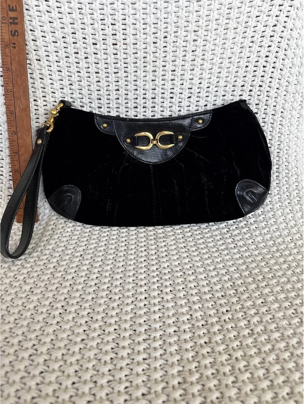 Black Velvet Wristlet Clutch with Leather Accents and Gold Hardware